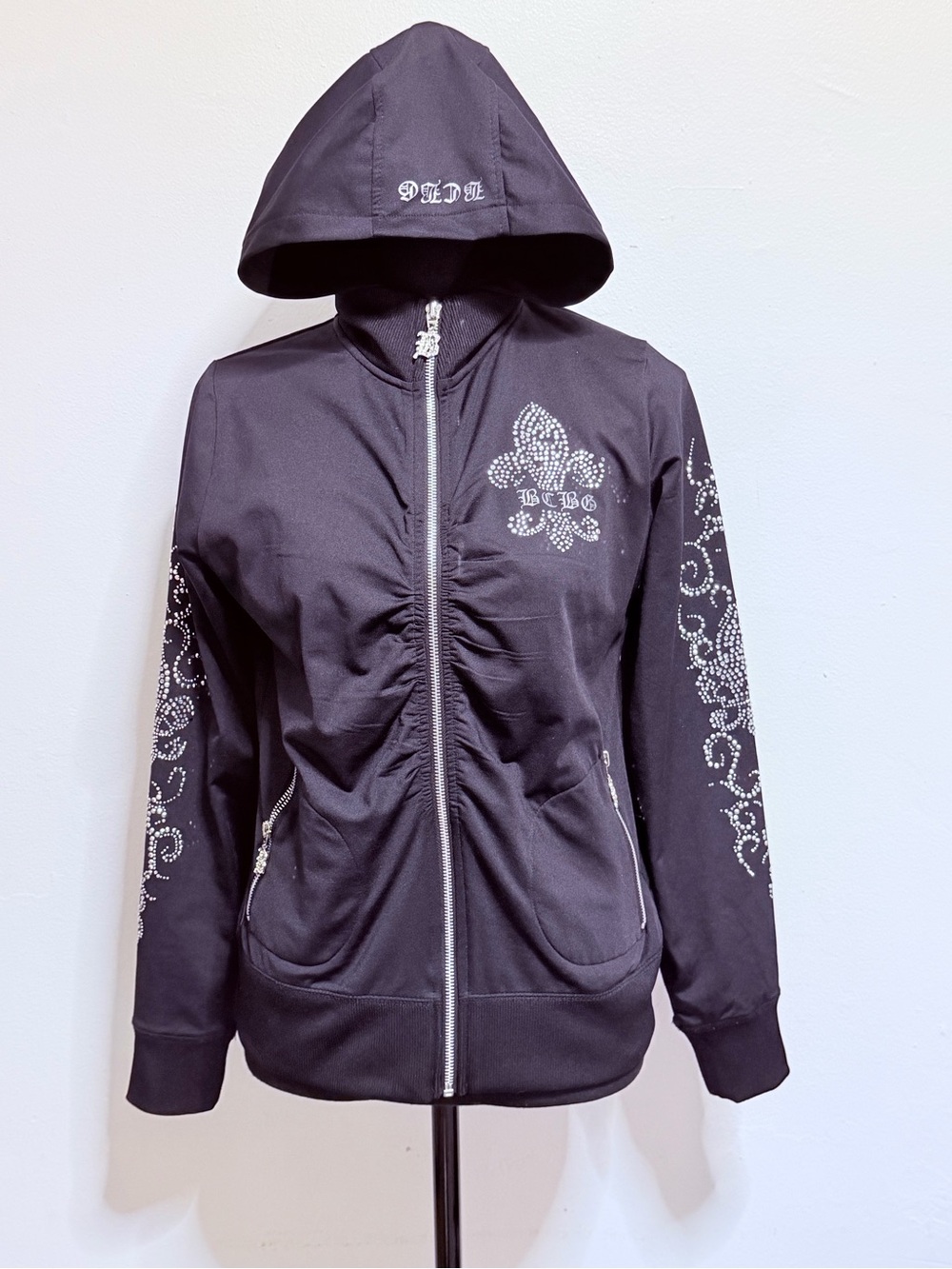 BCBGMaxAzria Black Rhinestone Fleur-de-Lis Hooded Zip Jacket medium